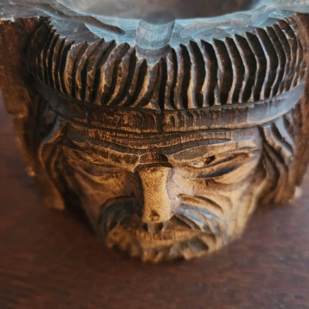 Carved Wood Native American Indian Man Smoking Ashtray Folk Art 3" Tall Vintage - Picture 8 of 8
